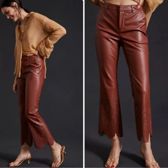 NWOT Anthropologie Laser-Cut Faux Leather Trousers Brown Size 14 Fall Autumn - Picture 4 of 17